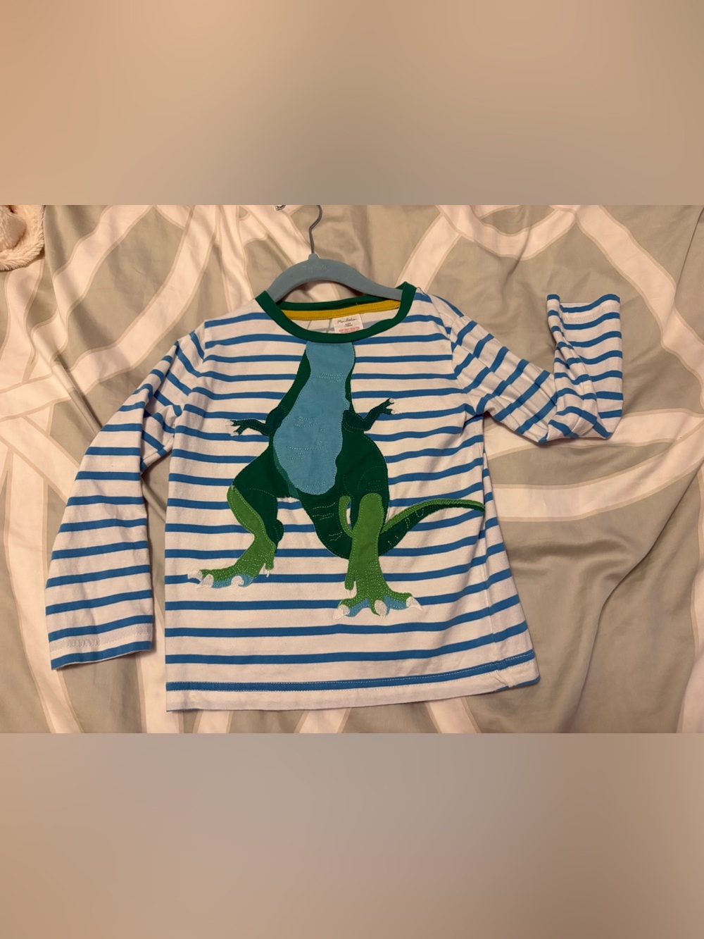Mini Boden Blue & White Striped Long Sleeve Tee with Dino Applique size 4-5